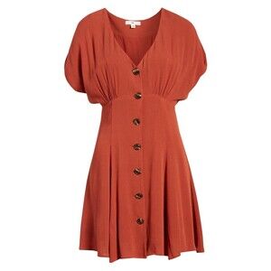 BP. Button Front Shirt V Neck Mini Dress In Rust Cinnabar Size XS
